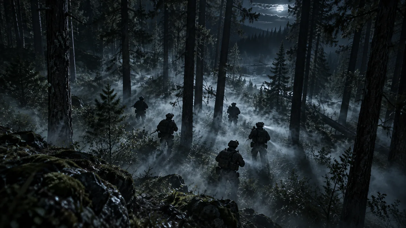 A defense team moving through a dark forest.