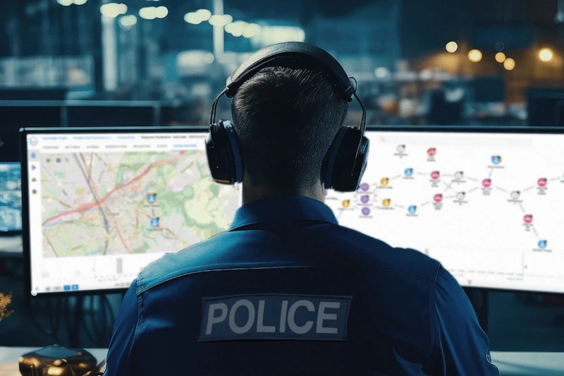 A police analyst reviewing a map and a link graph across two monitors.